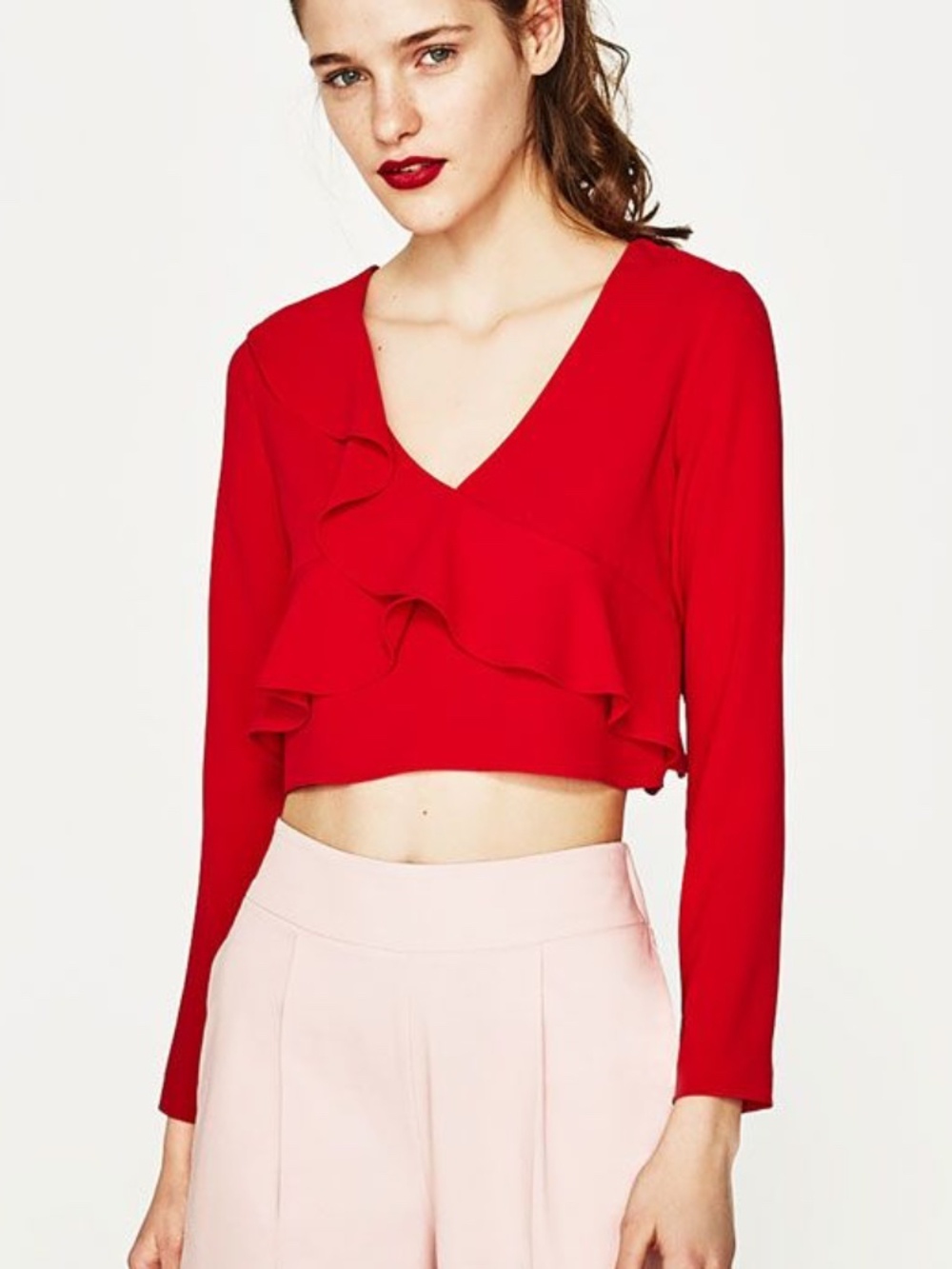 ZARA Red Ruffle Wrap Crop Top | Long Sleeve V-Neck Blouse